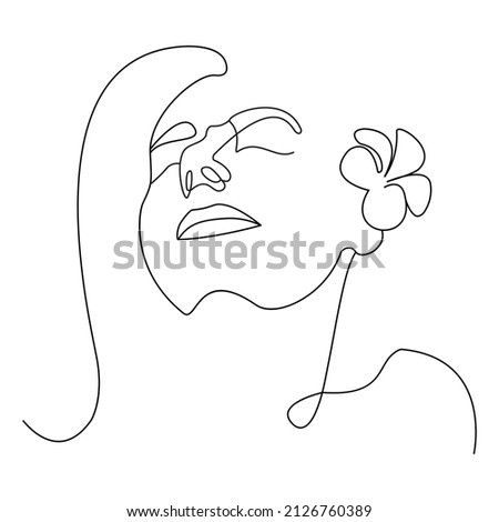 Woman head with frangipani flower composition. Hand-drawn vector line-art illustration. One Line style drawing.