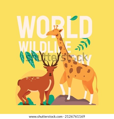 Giraffe and deer celebrate world wildlife day vector illustration background.