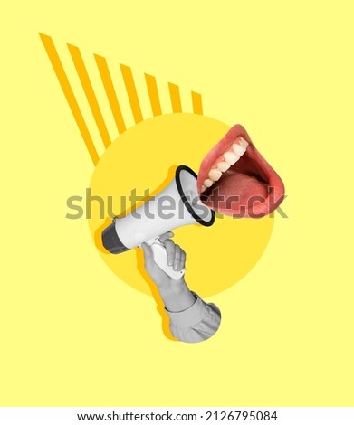 Human hand with megaphone and female open mouth on yellow background. Modern design, contemporary art collage. Inspiration, idea, trendy urban magazine style. Negative space for ad.