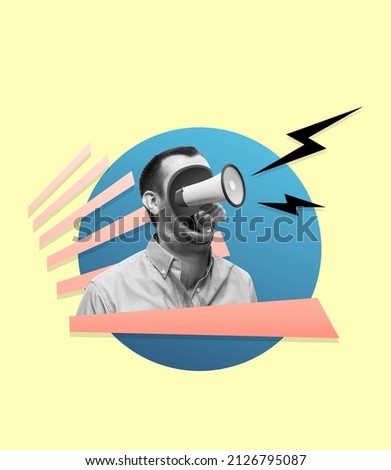 Looking for himself. Young businessman's face with megaphone sounds like a siren. Contemporary art collage. Concept of art, surrealism, news, occupation, terms of office. Copy space for ad, text