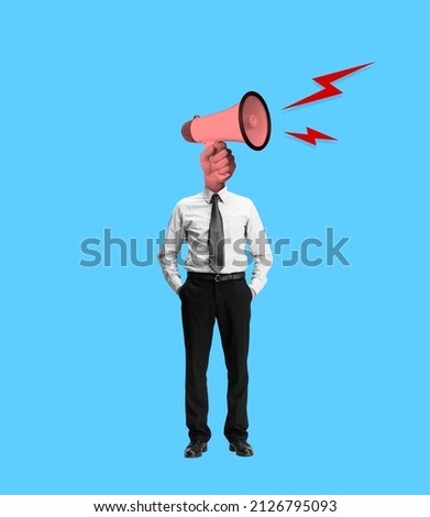 HR manager. Young angry business man headed by megaphone sounds like a siren. Contemporary art collage. Concept of art, surrealism, news, occupation, terms of office. Copy space for ad, text
