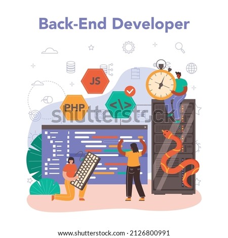 Back end development concept. Software development process. Website architecture improvement. Programming and coding. IT profession. Isolated flat vector illustration