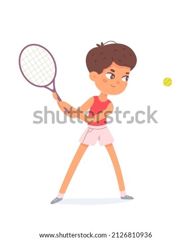 Kid player playing tennis with racket and ball on school court vector illustration. Cartoon fun outdoor recreation, match of boy athlete isolated on white. Healthy activity, sport concept