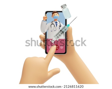 3d rendering, cartoon character hand holding smartphone with doctor popping out from screen with syringe and vaccine bottle. Online medical consultation, health clip art isolated on white background