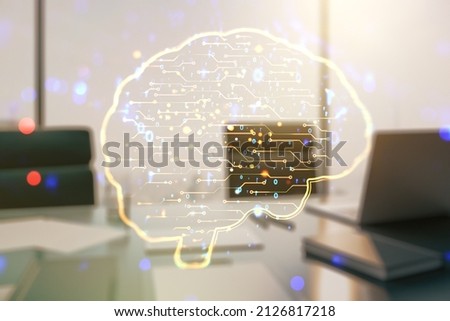 Creative artificial Intelligence concept with human brain hologram and modern desktop with computer on background. Multiexposure