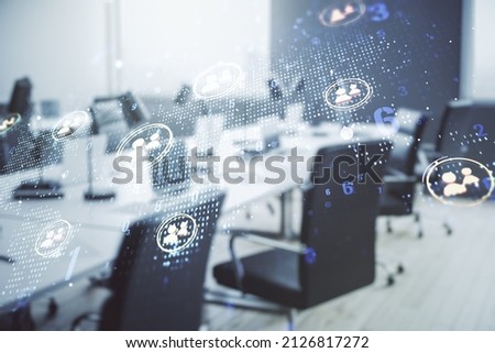 Double exposure of social network icons interface and world map on a modern furnished office interior background. Networking concept