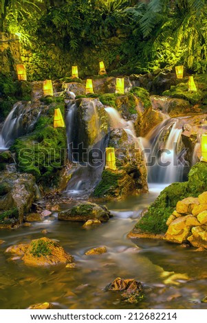 refreshing natural landscape with a waterfall that looks beautiful in a city in Indonesia