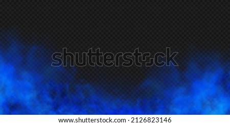 Blue smoke isolated on dark transparent background. Realistic blue magic mist cloud. Realistic vector illustration.
