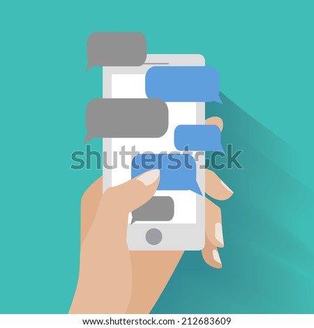 Hand holing smartphone with blank speech bubbles for text. Using smart phone similar to iphon for text messaging. Eps 10 flat design concept.
