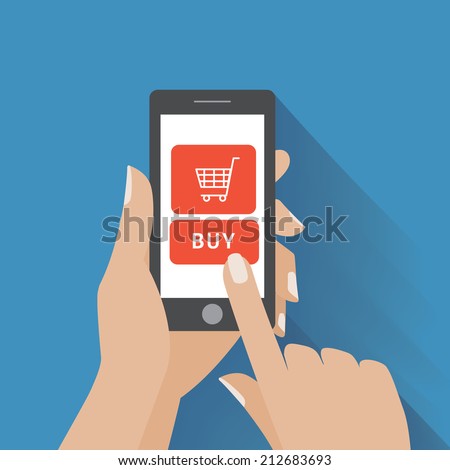 Hand holing smart phone with buy button on the screen. E-commerce flat design concept. Using mobile smart phone similar to iphon for online purchasing. Eps 10 vector