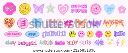 Collection of Cool Cute Stickers Vector Design. Trendy Girly Patches Collection. Smile Emotions. Royalty-Free Stock Photo #2126851838