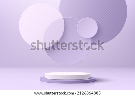 Realistic purple and white 3D cylinder pedestal podium with floating overlap circle background. Minimal scene for products stage showcase, promotion display. Vector geometric platform. Abstract room. Royalty-Free Stock Photo #2126864885