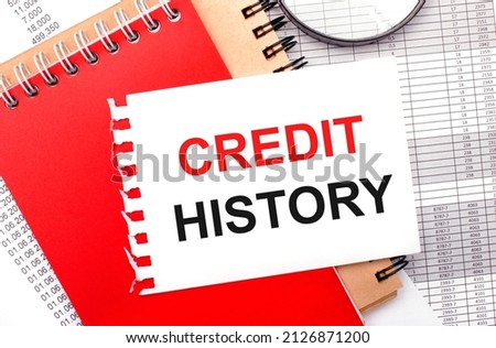 On a light background - reports, a magnifying glass, brown and red notepads, and a white notepad with the text CREDIT HISTORY. Business concept