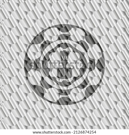 chef icon inside silver color badge. Scales pattern. Vector Illustration. Detailed. 