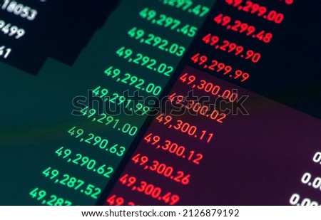 Stock market asset value order book prices changing, trading, currency, stocks. Business and finance, asset values concept, nobody. Red and green figures, numbers closeup, electronic device screen Royalty-Free Stock Photo #2126879192