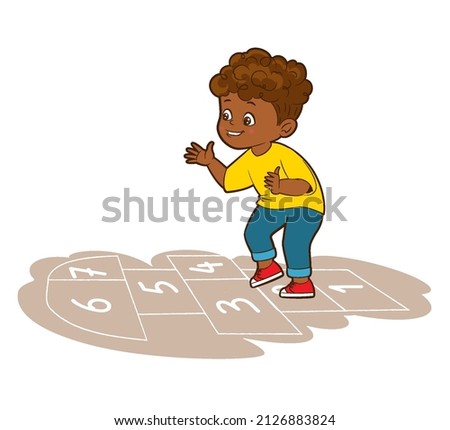 A small swarthy boy in a yellow T-shirt is jumping while playing hopscotch. Vector illustration in cartoon style