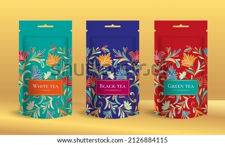 Tea packaging design with zip pouch bag mockup. Vector ornament template. Elegant, classic elements. Great for food, drink and other package types. Can be used for background and wallpaper. Royalty-Free Stock Photo #2126884115