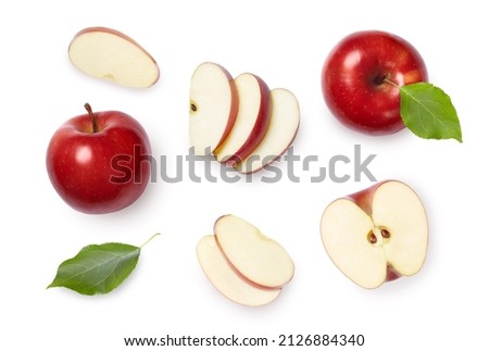 Whole and sliced red apples with leaves isolated on white background.Top view.