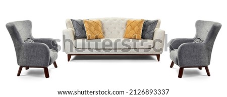 Modern furniture set on white background Royalty-Free Stock Photo #2126893337