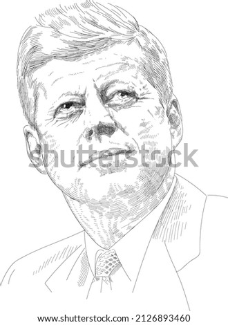 Illustrative editorial portrait of John F. Kennedy, 35th President of the United States in black and white Royalty-Free Stock Photo #2126893460