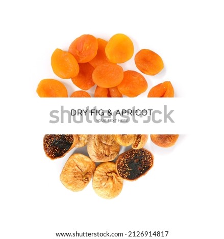Creative layout made of dry apricot and dry figs on the white background. Flat lay. Food concept. Royalty-Free Stock Photo #2126914817