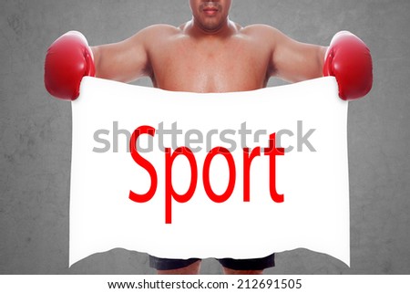 fight and competition sign with an red boxing glove holding a white banner and word sport a business symbol of competitive sales or boxing specials day  