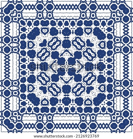 Ethnic ceramic tile in portuguese azulejo. Vector seamless pattern template. Creative design. Blue vintage ornament for surface texture, towels, pillows, wallpaper, print, web background.