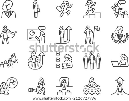 Businesswoman line icon set. Included the icons as girl power, human rights, diversity, inclusion, and more. Royalty-Free Stock Photo #2126927996