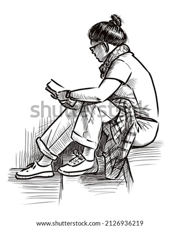 Hand drawing of casual young city woman sitting on steps and reading book outdoors