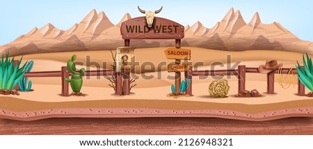 Wild west landscape background, vector western desert illustration, game environment concept. Canyon rock mountains, wooden fence, cow skull, road sign, cactus agave, tumble-weed. Wild west Texas view Royalty-Free Stock Photo #2126948321