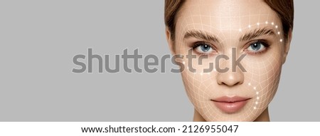 Lifting lines, advertising of face contour correction, female face skin lifting. Facial rejuvenation concept, cosmetology Royalty-Free Stock Photo #2126955047