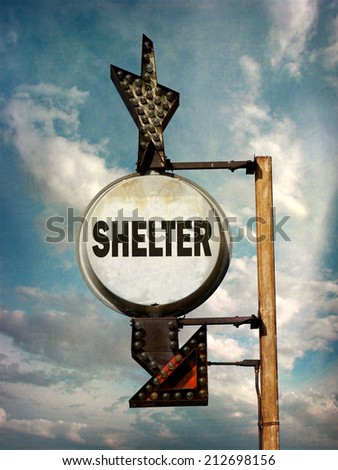  aged and worn vintage photo of shelter sign                               