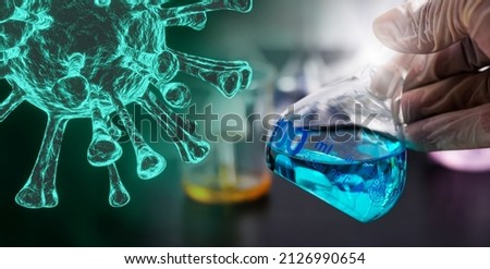 Laboratory beaker in hand of analyst in plastic gloves, medical 3D illustration coronavirus.                        