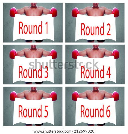 collection fight and competition sign with an red boxing glove holding a white banner and word sign for the round a business symbol of competitive sales or boxing specials 