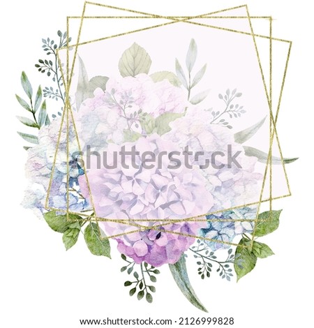 Blooming Hydrangea and Gold Glitter Polygonal Rectangle frame, Hand Painted Watercolor Floral Geometric Square Border, Gold Foliage Flower Frame, botanical Illustration, Garden flower copy space Frame