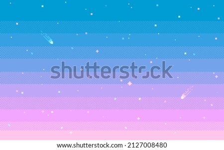 Pixel art star sky at sunset time. Starry evening sky seamless backdrop. Vector illustration. Royalty-Free Stock Photo #2127008480