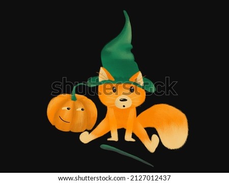Cute fox in Halloween costume. Hand drawn illustration of a cute funny fox in a witch hat, with pumpkin. Isolated objects on