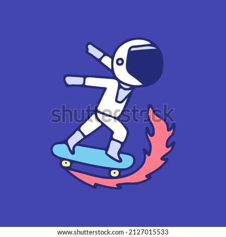 Astronaut riding skateboard on fire, illustration for t-shirt, sticker, or apparel merchandise. With retro cartoon style.