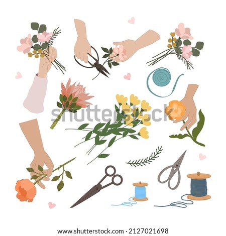 Set of floral accessories. Scissors, floral tape, flowers. View from above. Bouquet in hand, cutting flowers. Elegant female hands hold a flower. Flat vector illustration. Isolated on white background Royalty-Free Stock Photo #2127021698