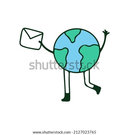 Earth planet character holding envelope, illustration for t-shirt, sticker, or apparel merchandise. With retro cartoon style.