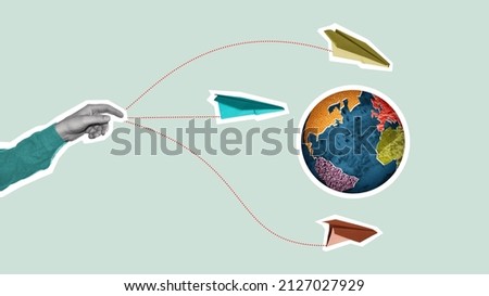 Travel by airplane around the Earth, art collage. Royalty-Free Stock Photo #2127027929