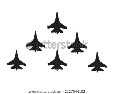 Aerobatic team of fighter aircrafts. Vector silhouette Royalty-Free Stock Photo #2127044102