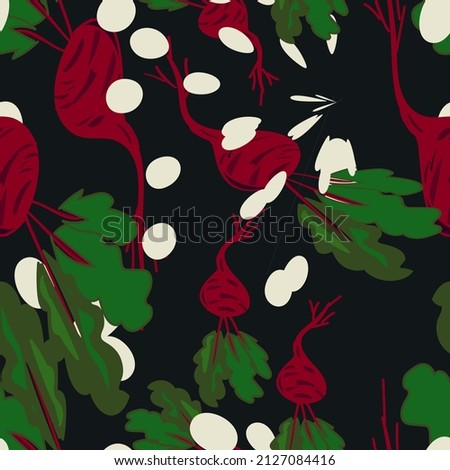 seamless pattern red beets on a dark background. Background design for fabric, paper, wallpaper.