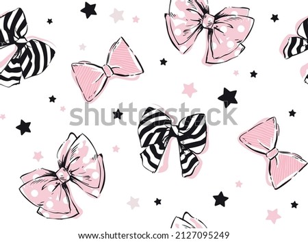 Girly cute seamless pattern with hand drawn black, pink,white bows and stars isolated in white background. Pretty graphic bow-knots in vector