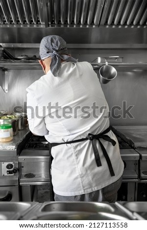 Back view of woman chef cooking food in the kitchen of a restaurant. High quality photography.