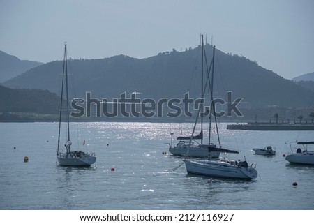 sailboats anchored in a marina, with mountains in the background