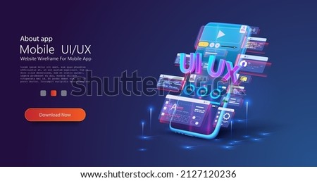 Designer, creator of an individual design of user interface scenes for a mobile UI,UX application. Blue neon design of mobile applications. Smartphone layout with active blocks and connections. Vector Royalty-Free Stock Photo #2127120236