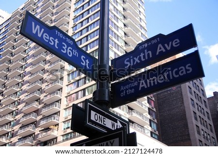 Blue West 36th Street, Broadway and Avenue of the Americas 6th historic sign in Midtown Manhattan in New York City