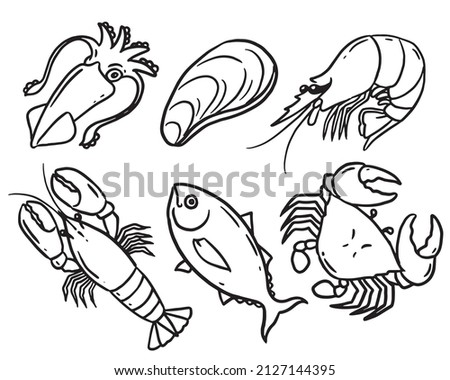 Doodle style fresh seafood drawing set, simple black line marine animal illustration on white background.