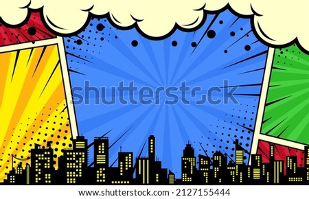 Colorful comic scene background with city silhouette Royalty-Free Stock Photo #2127155444